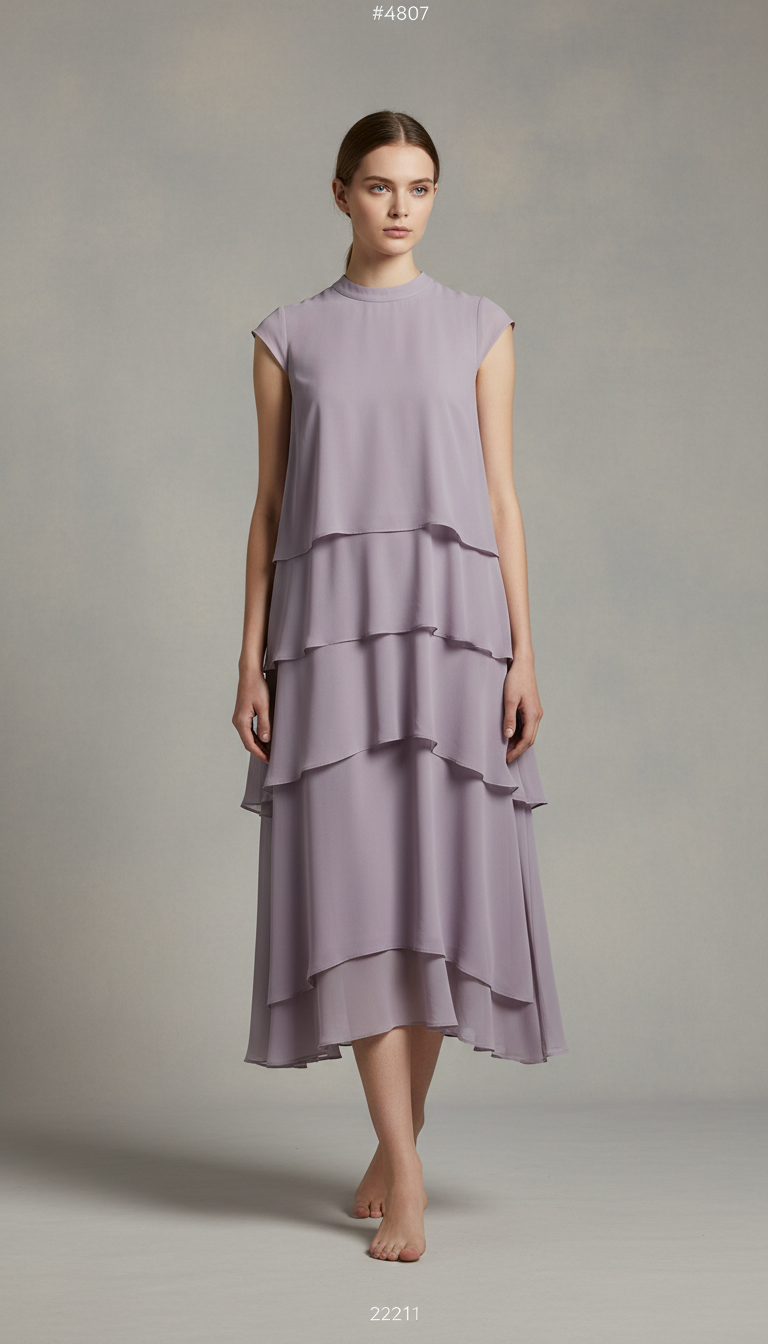 Vestido midi en lila apagado con capas